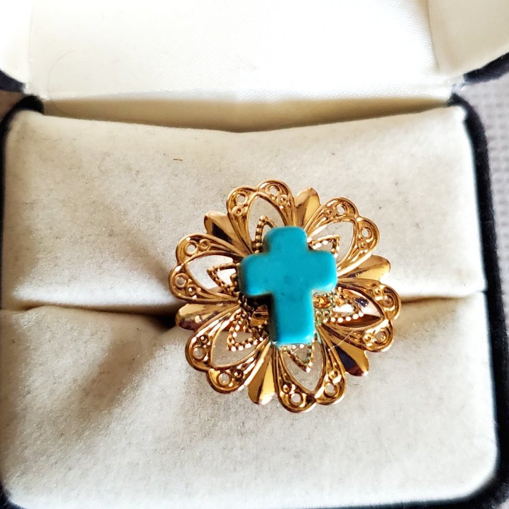 Adjustable Gold Tone Floral Turquoise Cross Ring